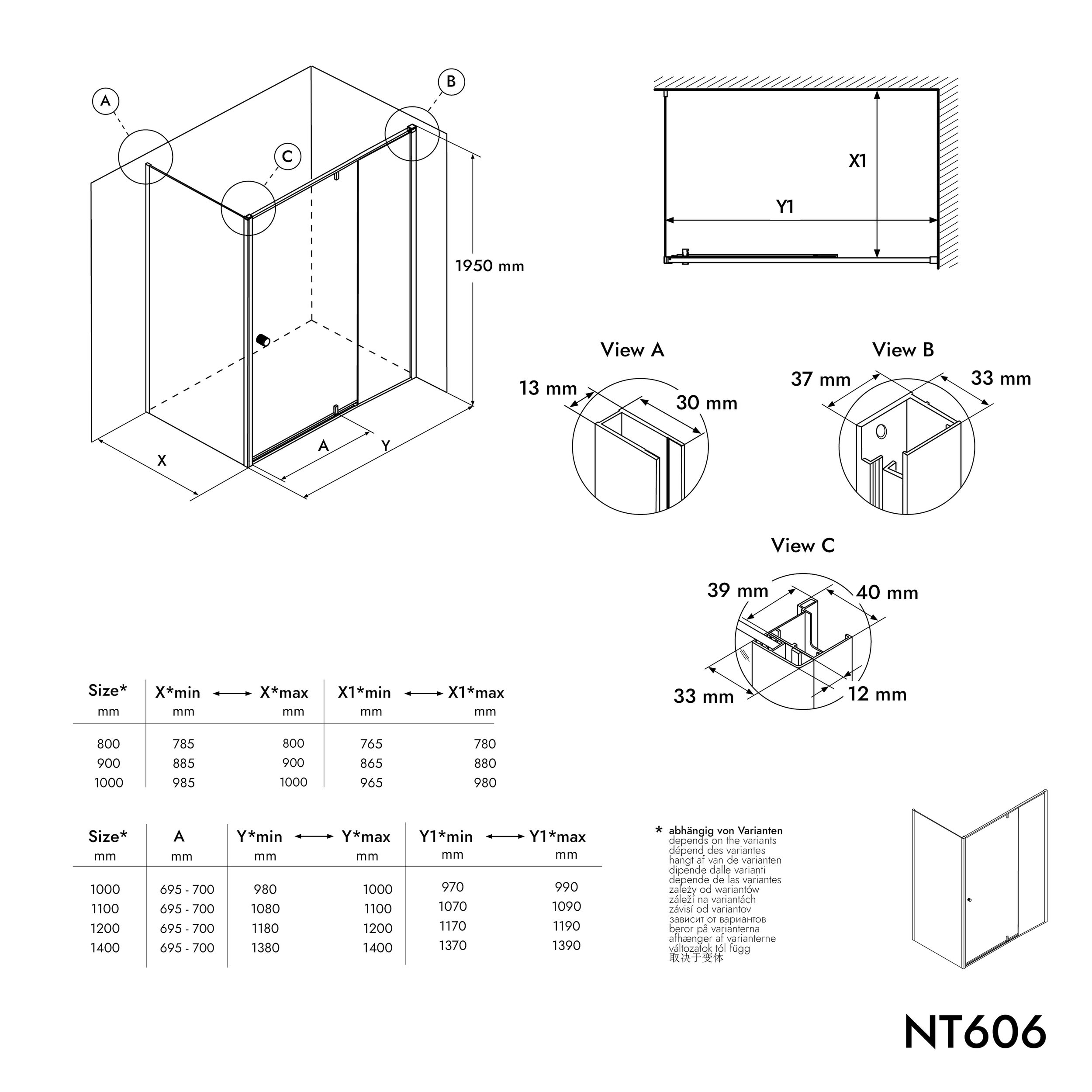 Eckdusche mit Drehtür an Festfeld NT606 - FLEX
