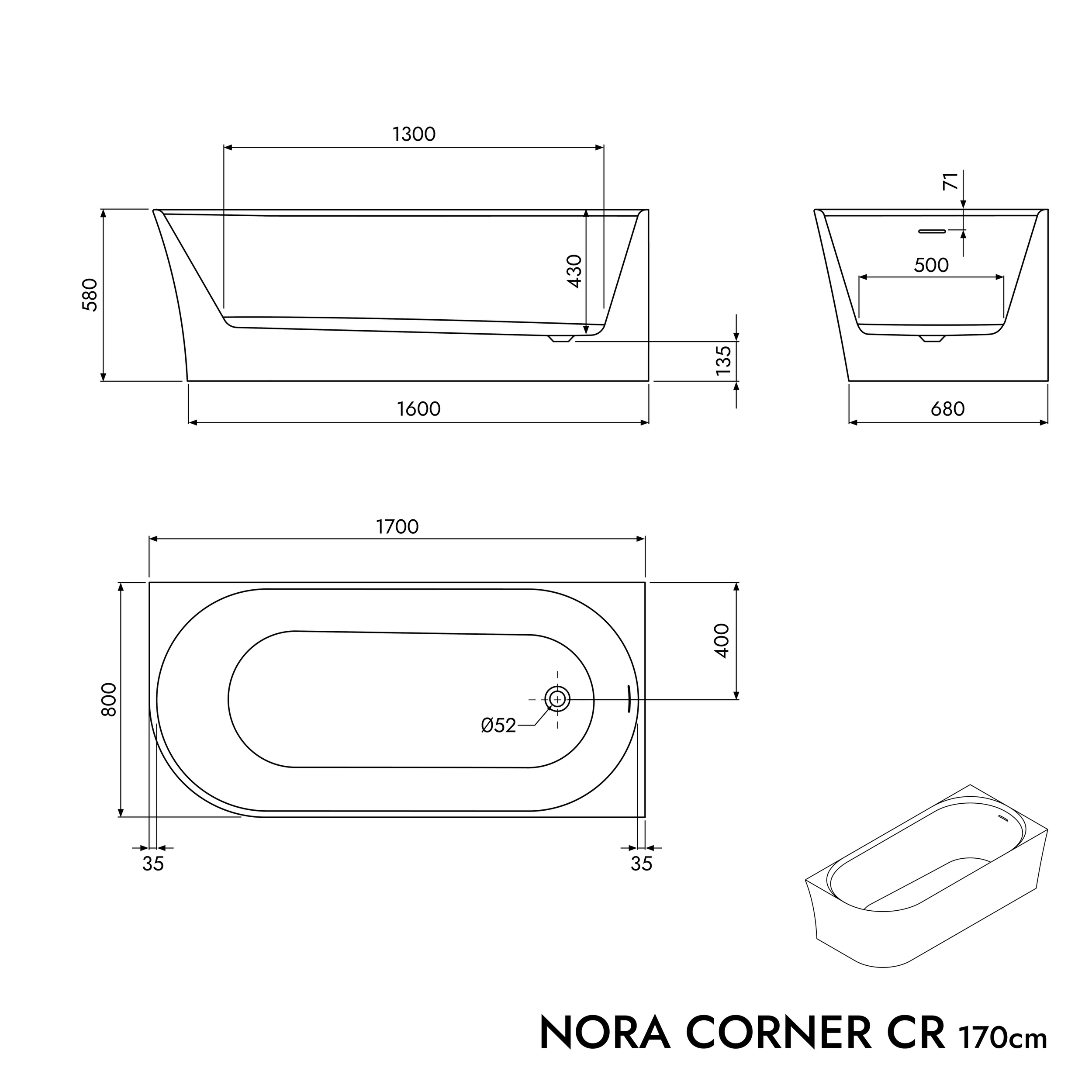 Halb freistehende Raumsparbadewanne NORA CORNER