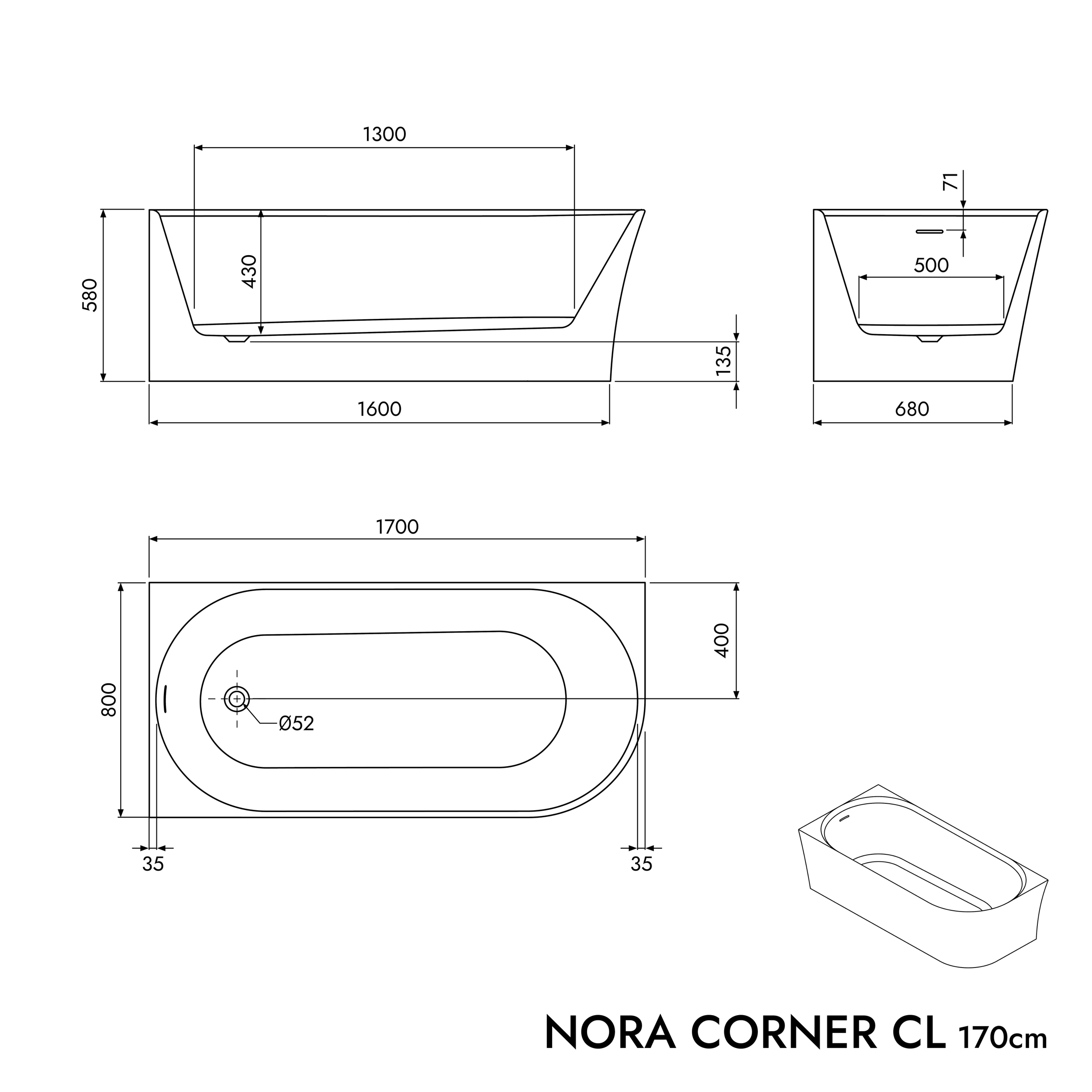 Halb freistehende Raumsparbadewanne NORA CORNER