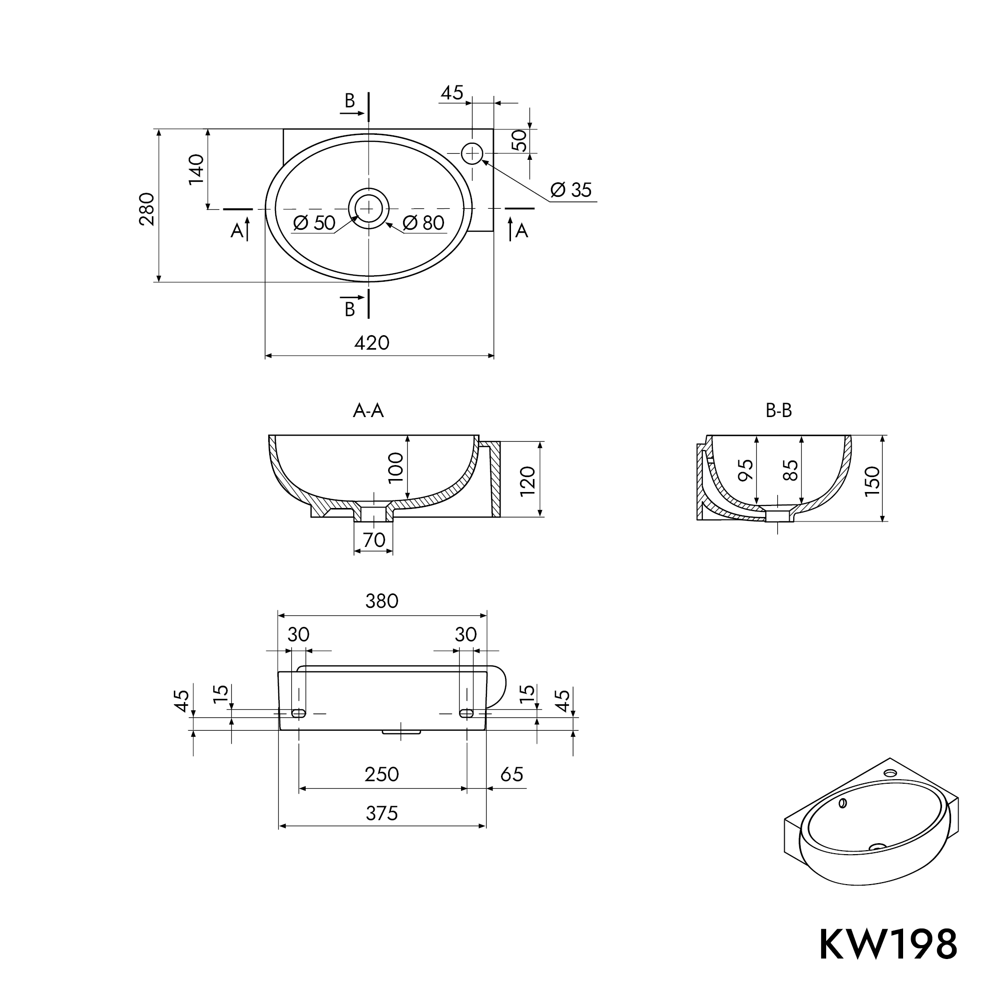 Wandwaschbecken KW198 aus Keramik für Gäste-WC