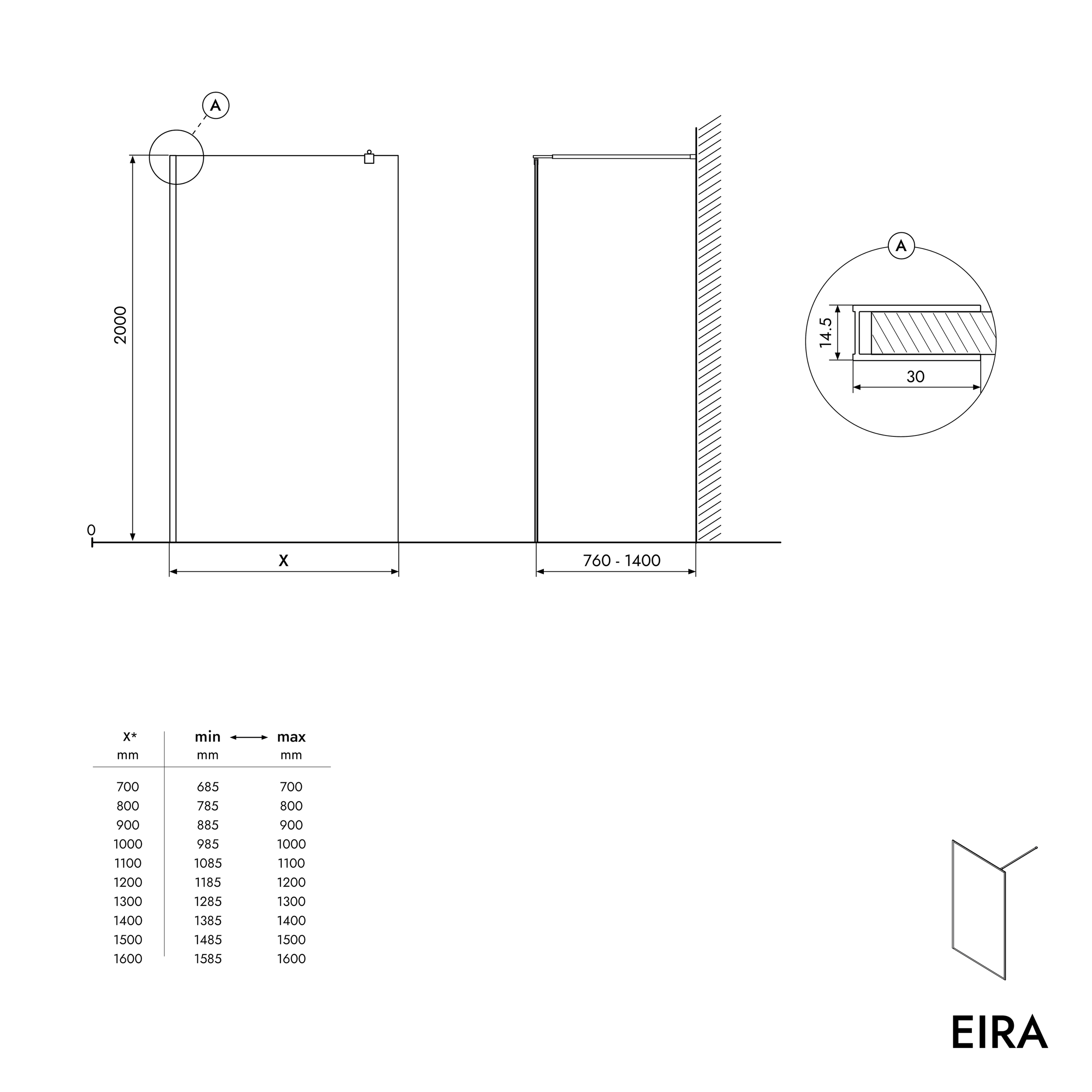 Walk-In Dusche EIRA - Milchglas 8 mm und 10 mm
