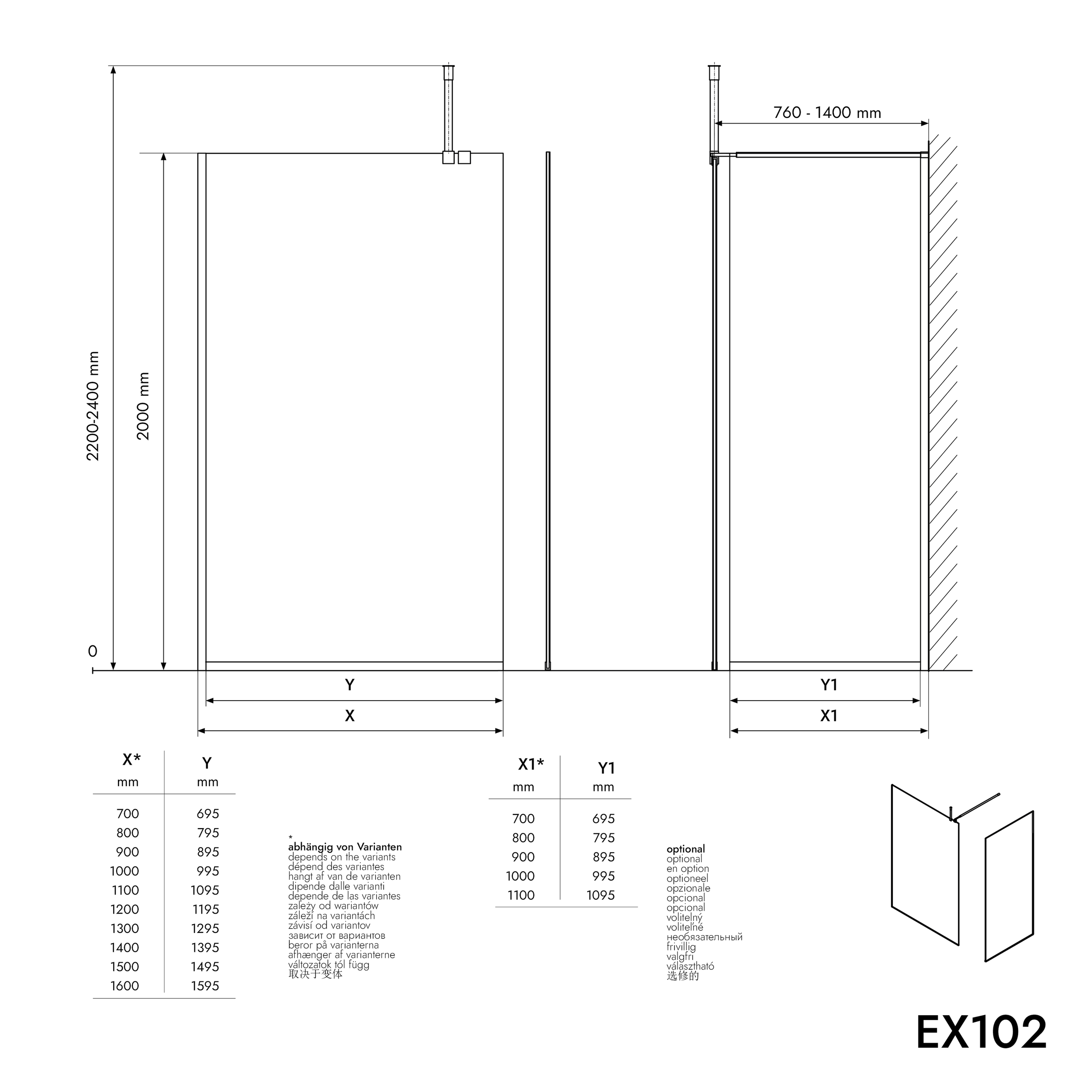 Walk-In 10 mm Nano Graues Glas EX102
