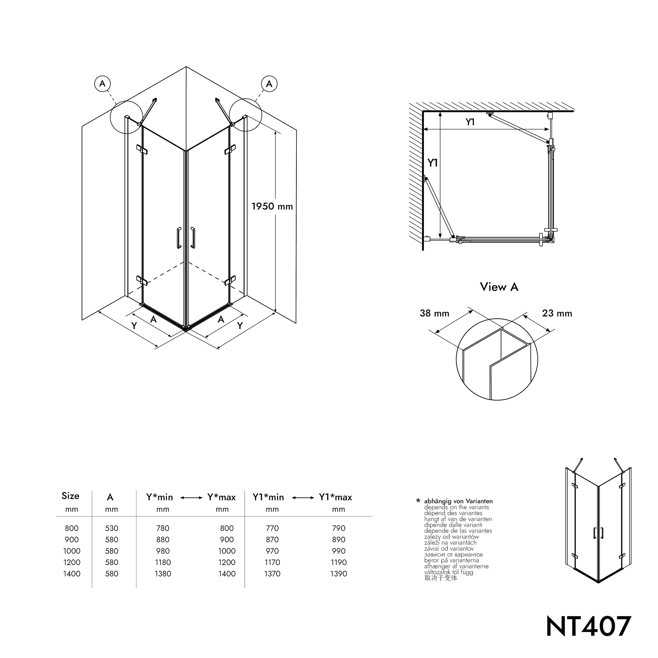 Eckdusche mit zwei Drehtüren an Festfeld NT407